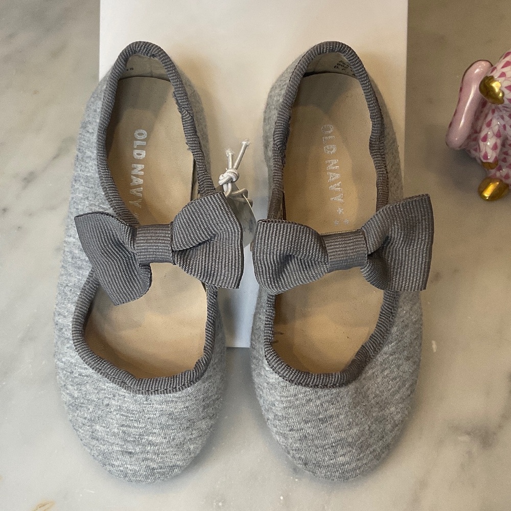 NWT Old Navy Toddler Gray Jersey Ballet Flats Grey Grosgrain Ribbon Bows Size 6